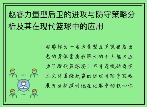 赵睿力量型后卫的进攻与防守策略分析及其在现代篮球中的应用